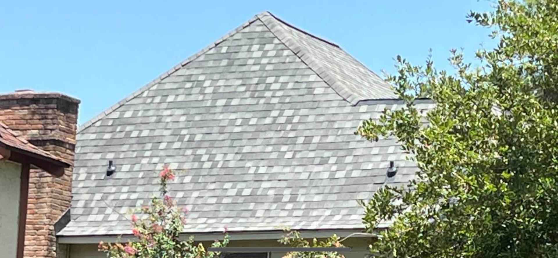 A grey shingled roof with a chimney, framed by green tree branches against a clear blue sky.
