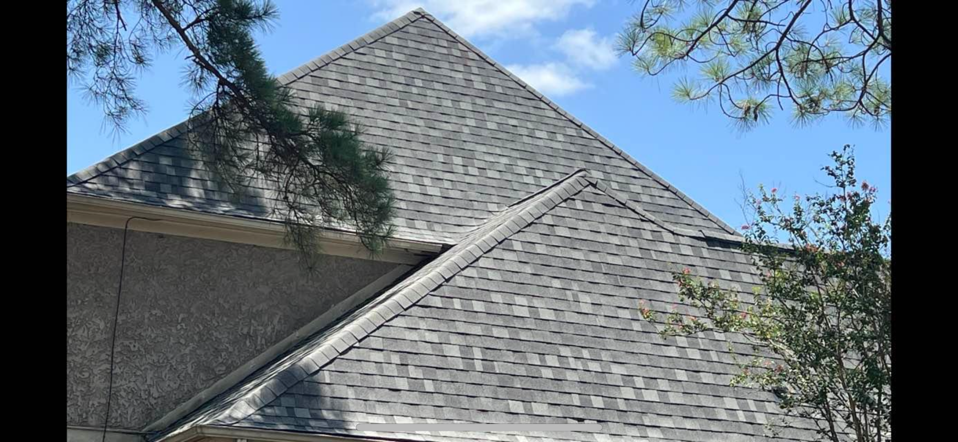 A view of a house roof with gray shingles against a blue sky, partially obscured by tree branches.