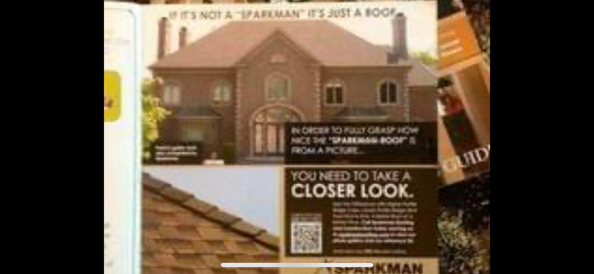 Advertisement for Sparkman Roofing featuring a brick house and a close-up of brown roof shingles with a QR code.
