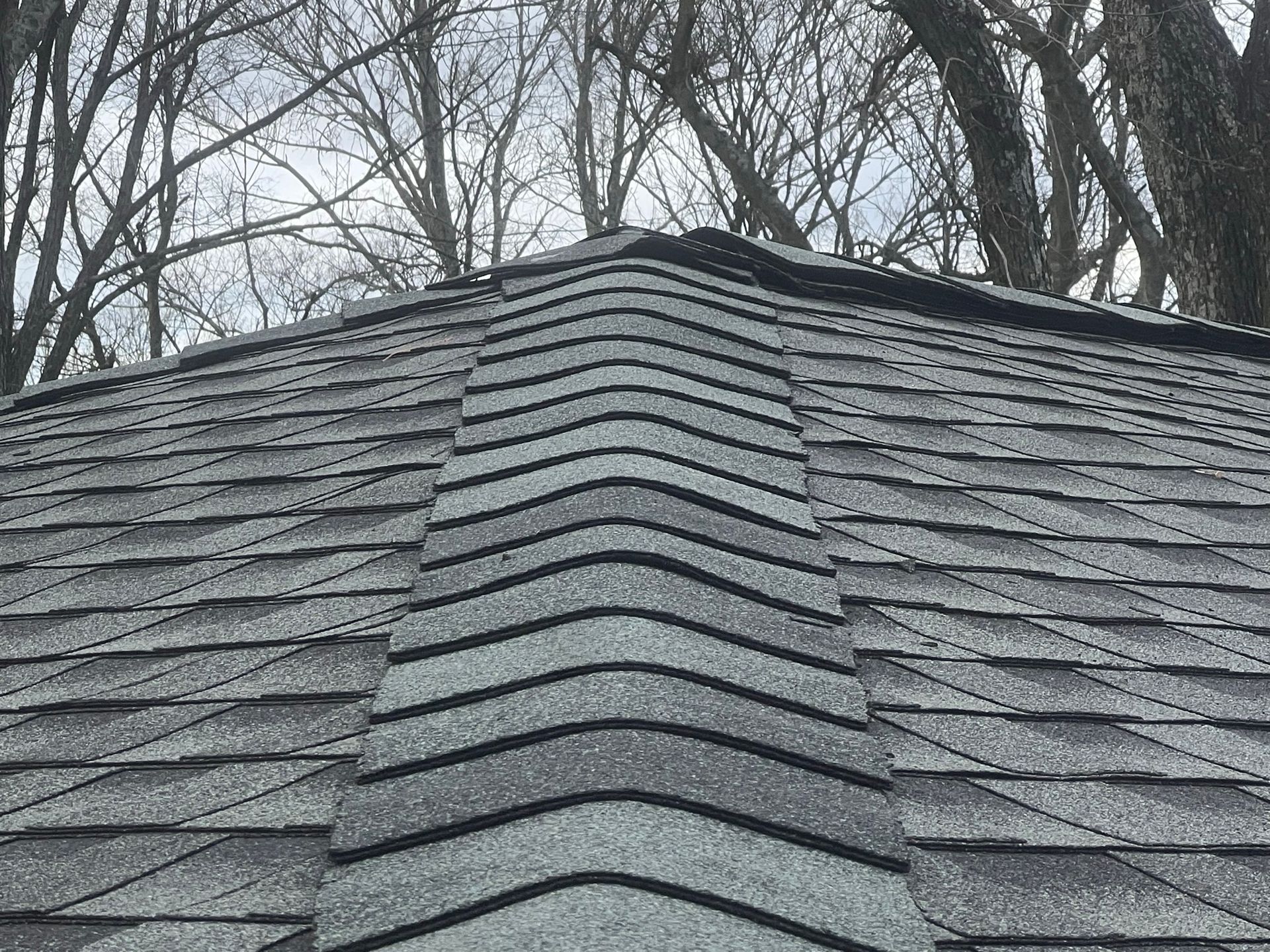 Close-up of gray asphalt roof shingles covering a sloped roof ridge, with bare tree branches visible in the background.