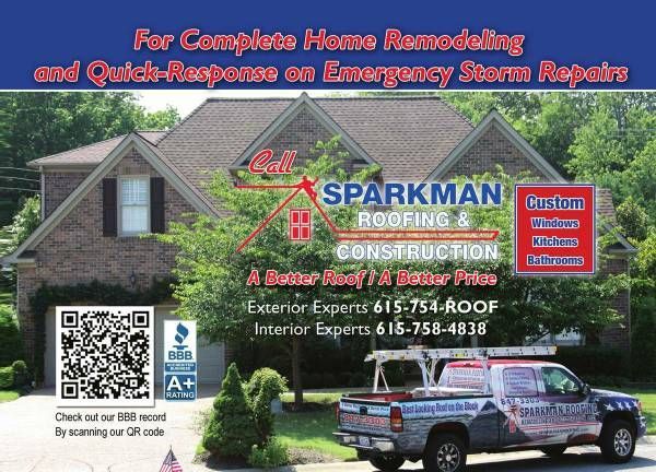 A house and company truck featuring the Sparkman Roofing & Construction logo, phone numbers, and a BBB QR code.