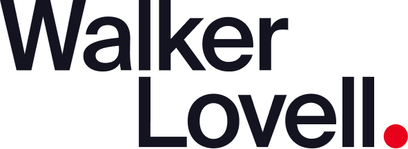 Walker Lovell logo: Black text, red dot.