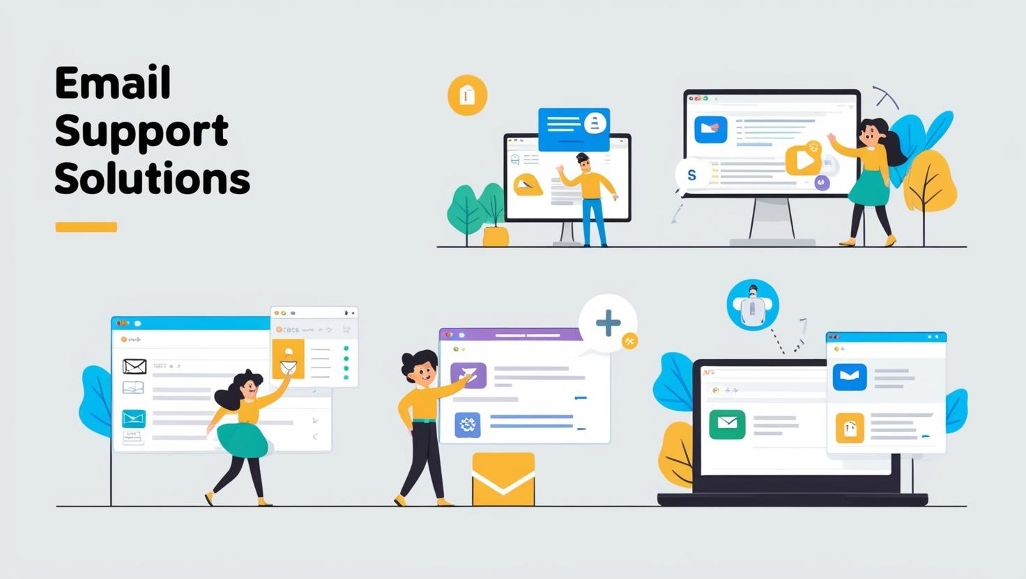 A set of illustrations of people working on email support solutions.