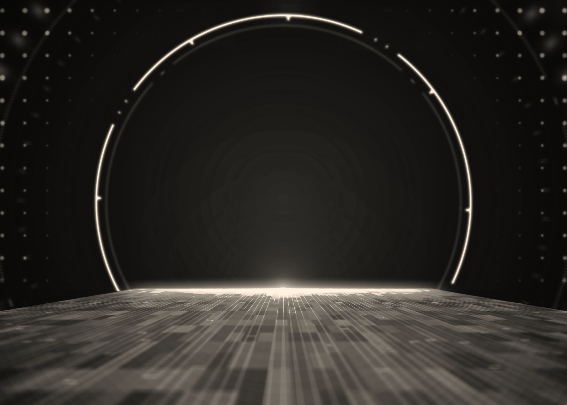 Dark stage with glowing circular frame, textured floor, and subtle light streaks.