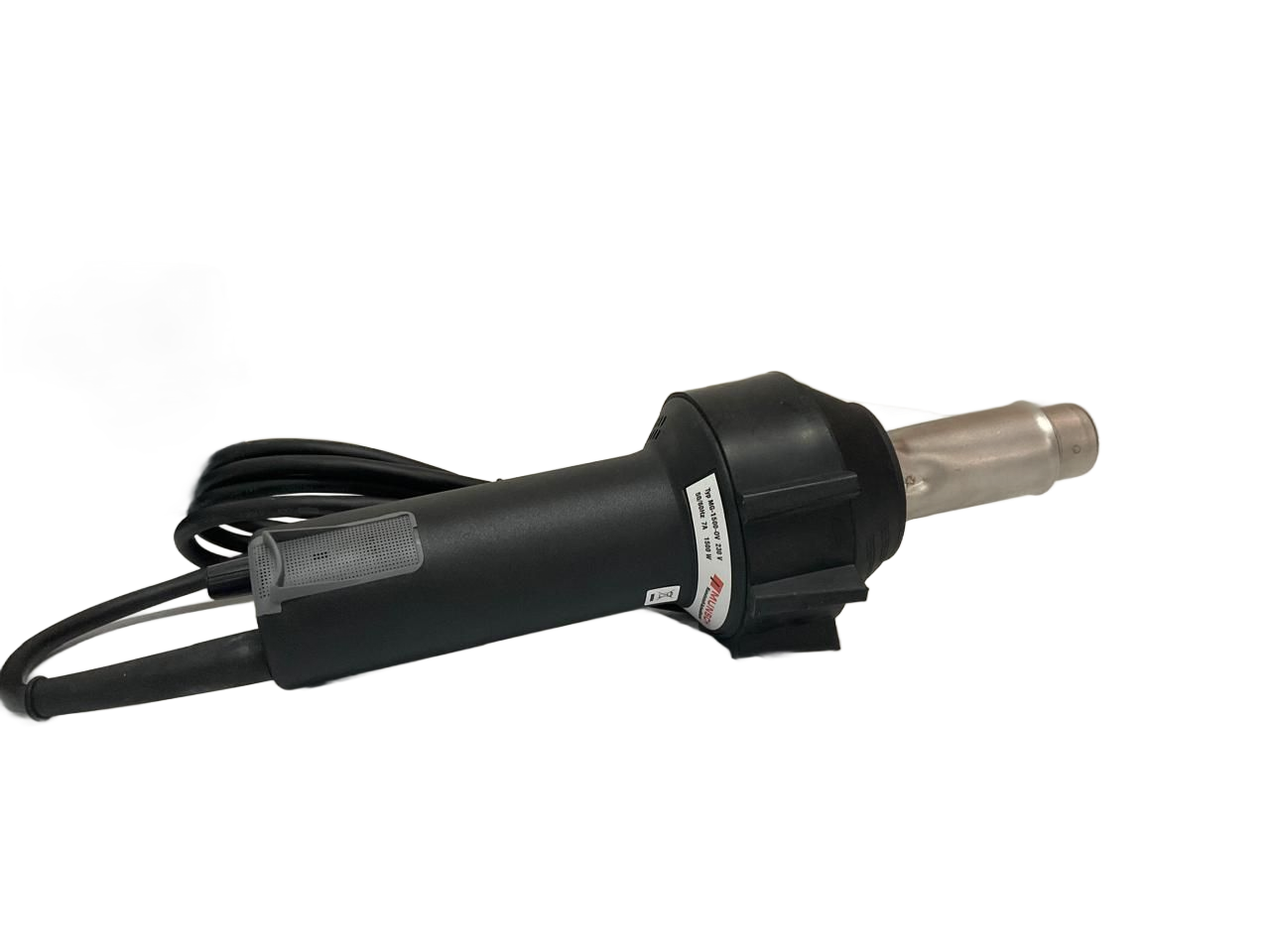 Heat gun, black and silver, with nozzle and power cords, against white background.