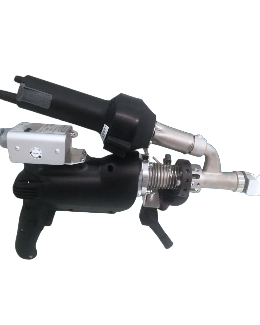 Black and silver welding tool with a pistol grip and multiple attachments.
