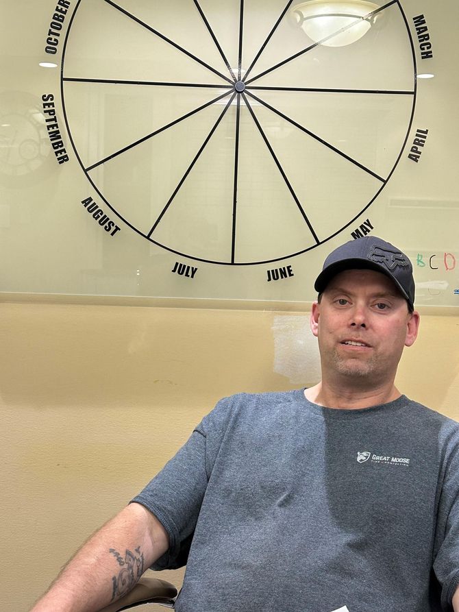 A man is sitting in front of a calendar that shows the months of the year