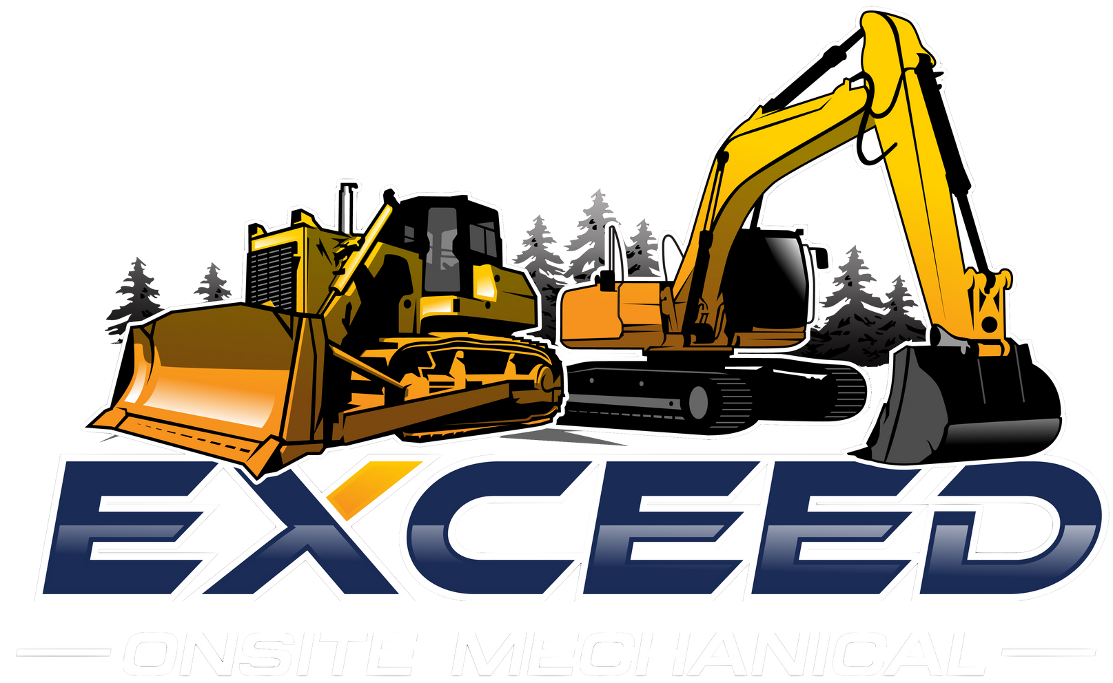 Yellow bulldozer and excavator above the word “EXCEED” in a construction logo