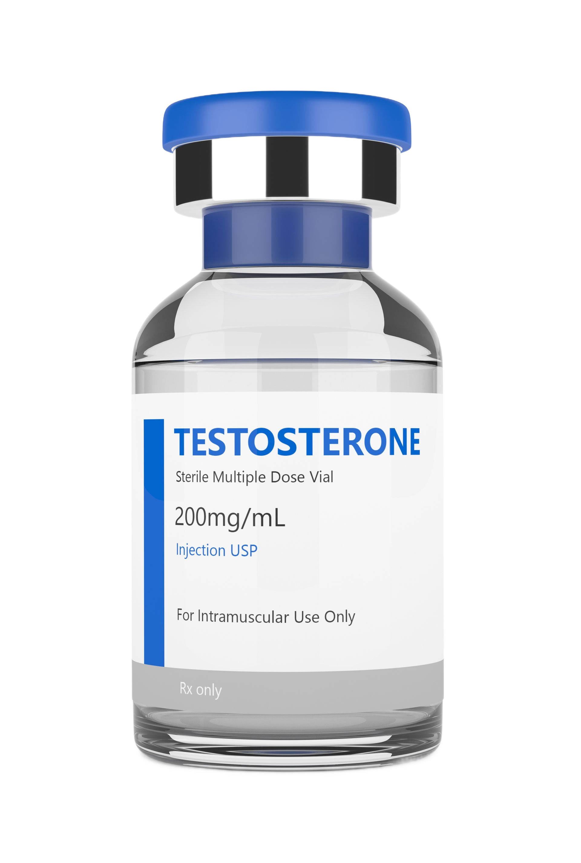 Testosterone vial with blue cap and label, 200mg/mL injection, for intramuscular use.