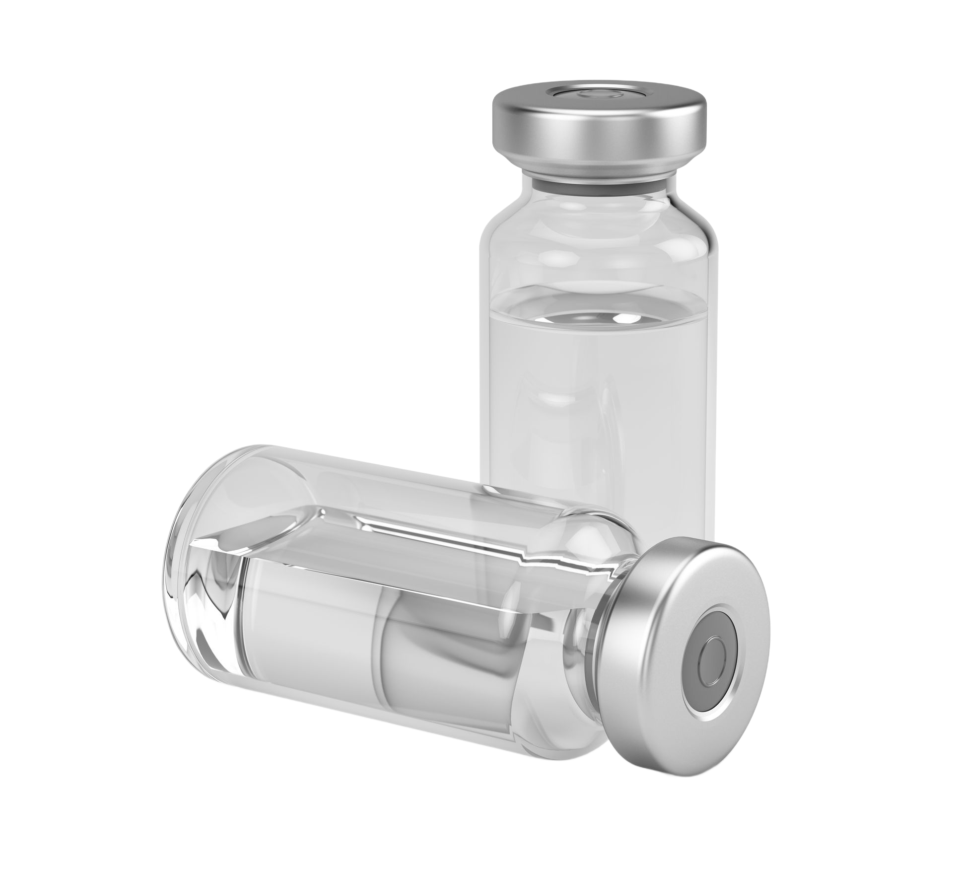 Two vials of clear liquid with silver caps, one standing and one lying down.