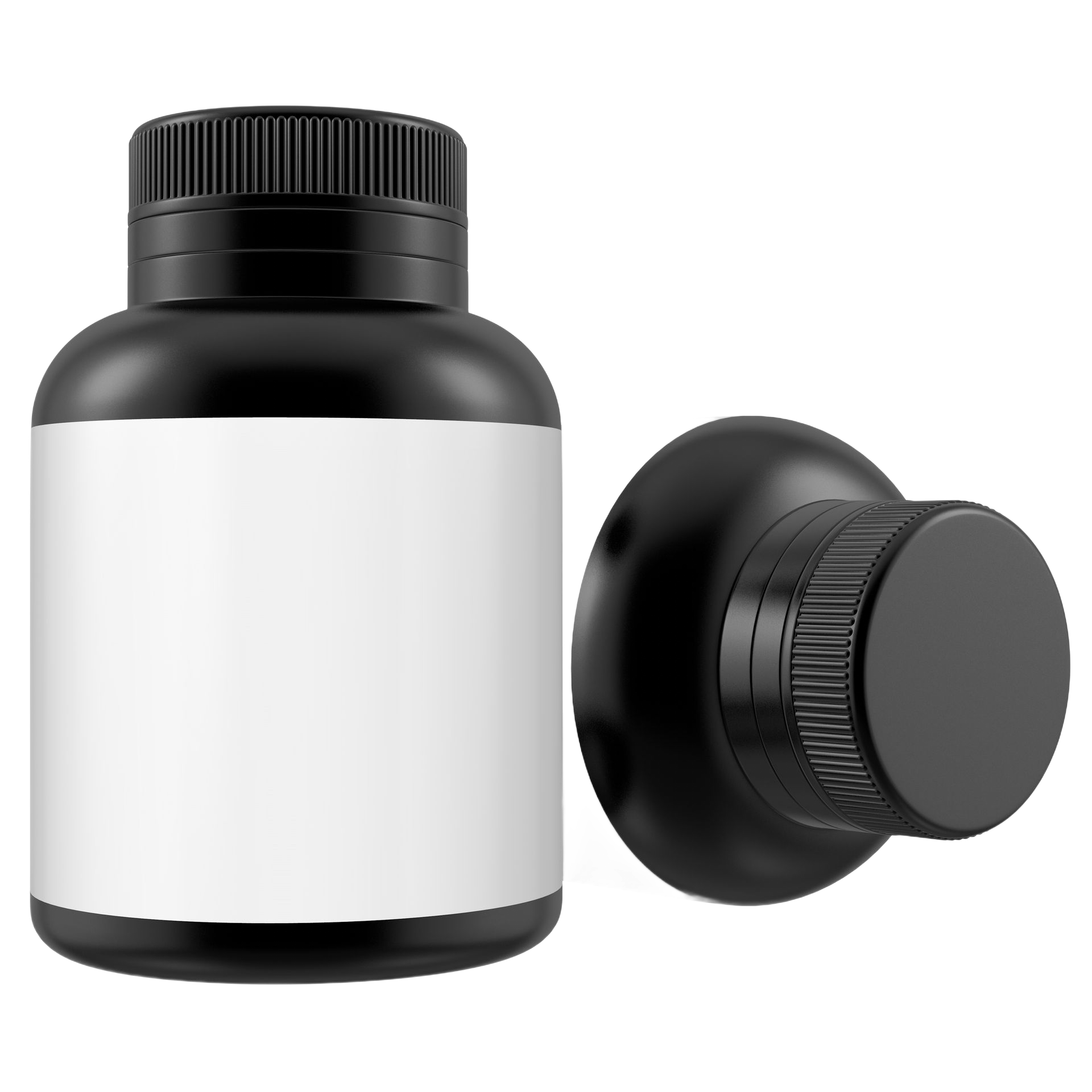 Black supplement bottle with a white label and its black cap.