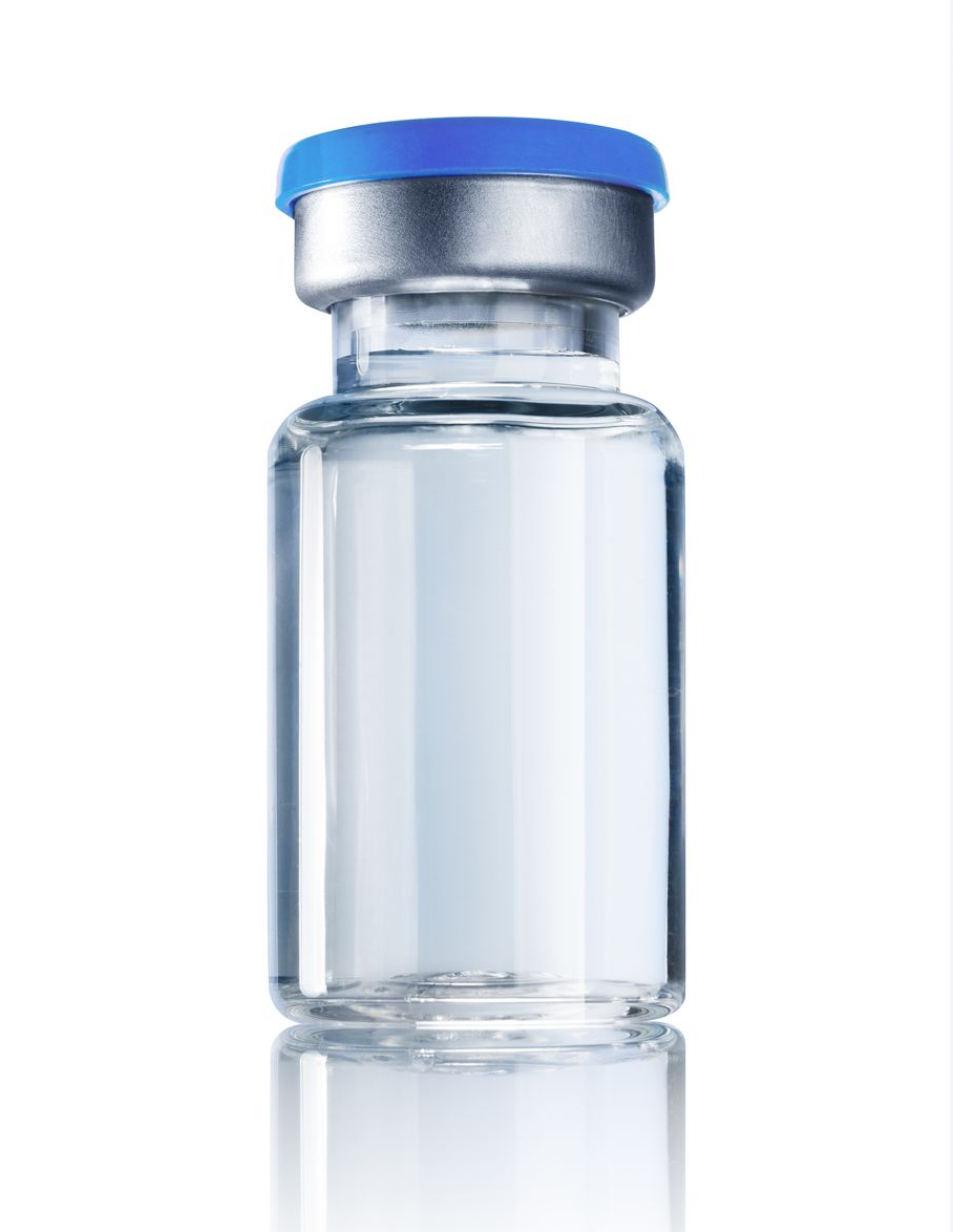 Clear glass vial with blue cap, containing a liquid.