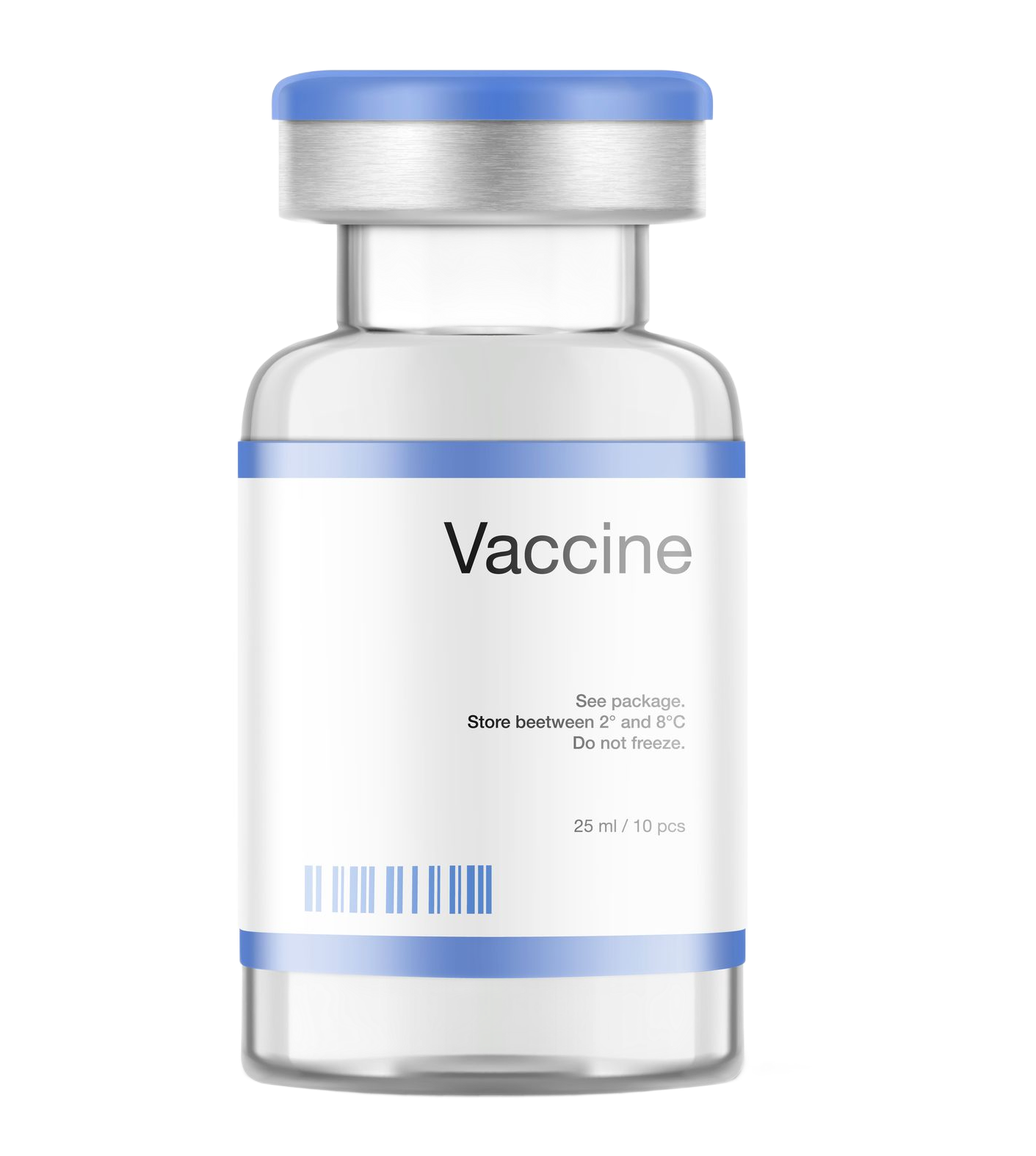 Vial of vaccine with blue accents and the word