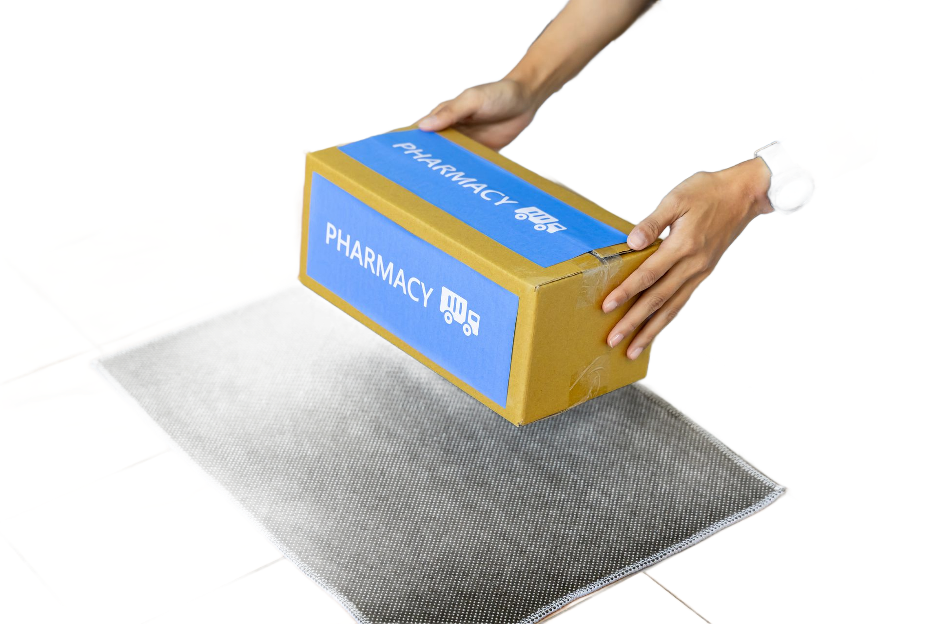 Hands holding a pharmacy box over bubble wrap.
