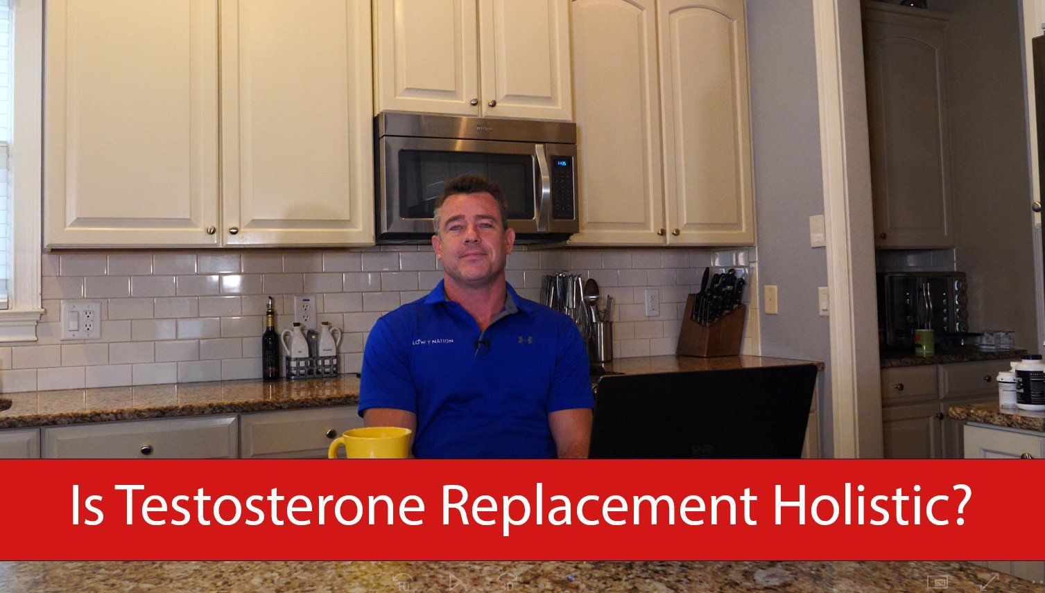 Man in blue shirt in a kitchen, discussing testosterone replacement. Text: 