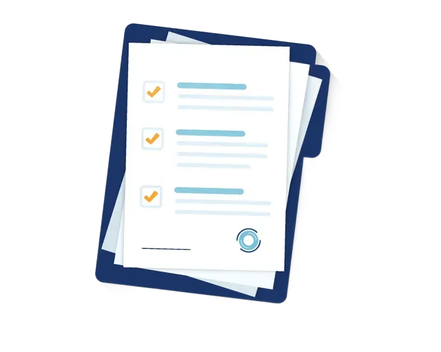 Blue file folder with a stack of papers, three items checked, blue and orange accents.