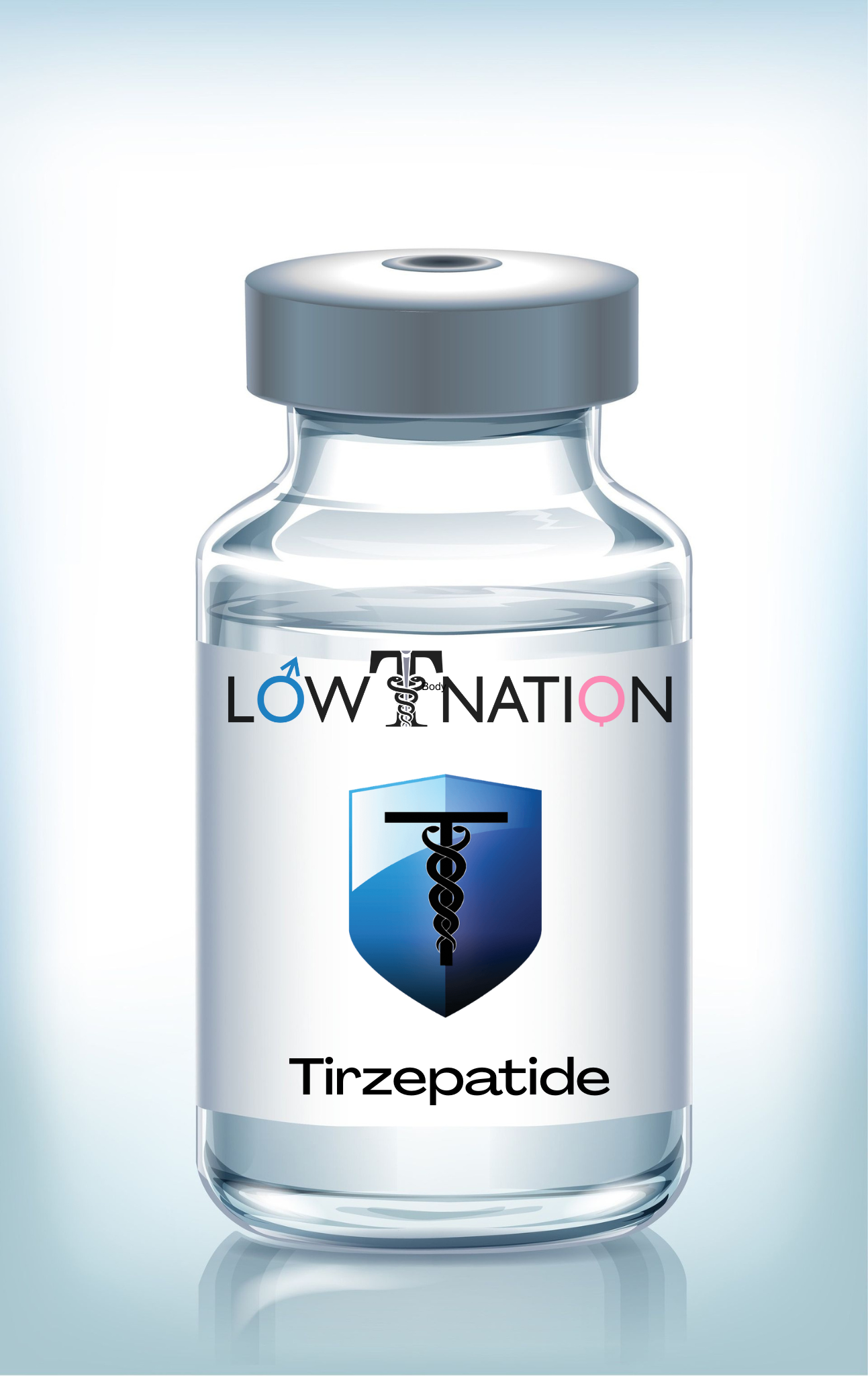 Vial of Tirzepatide, a medicine. The label says “LOW Nation” and has a shield logo with a medical symbol.