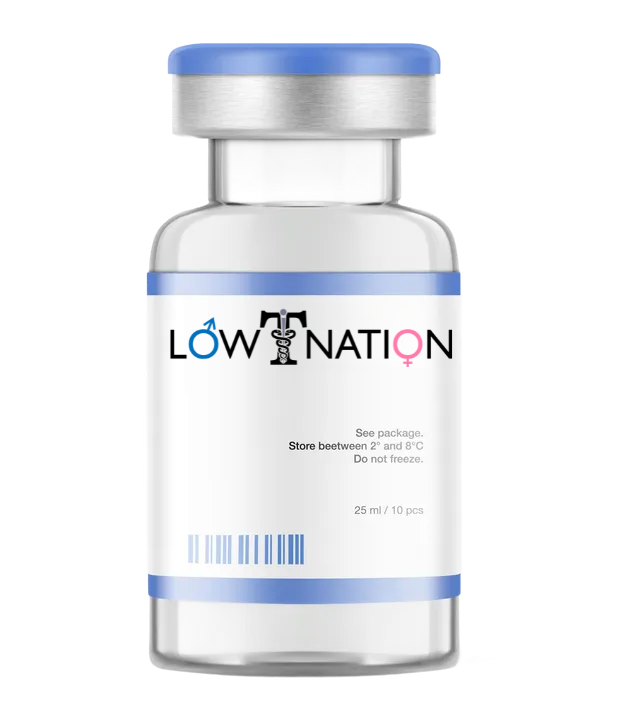 Vial of vaccine with blue accents and the word 