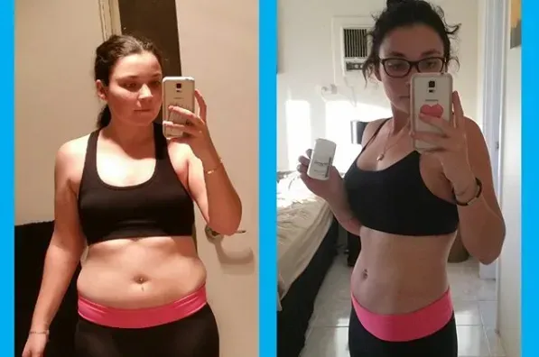 Side-by-side comparison: woman in athletic wear, before and after weight loss, holding a product in the after photo.