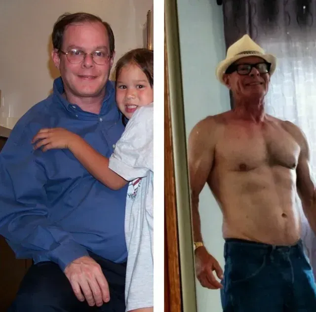 Side-by-side comparison. Man in button-down shirt holding child. Then, shirtless, muscular man in hat.