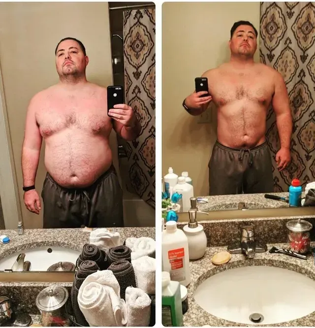 Side-by-side photos of a person. The before picture shows a heavier build; the after photo shows weight loss and muscle definition.