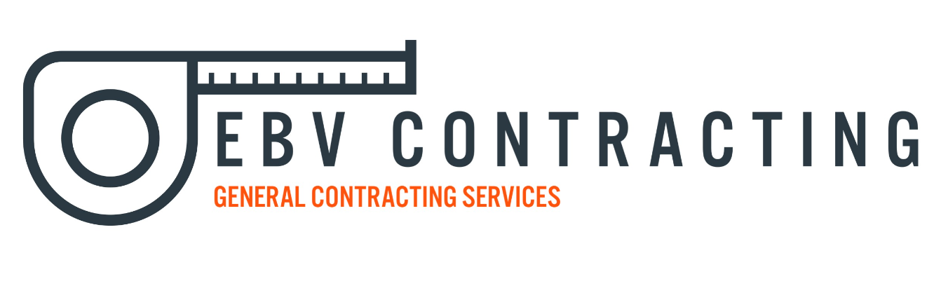 Logo of EBV Contracting featuring a tape measure icon and text "EBV CONTRACTING" and "GENERAL CONTRACTING SERVICES".