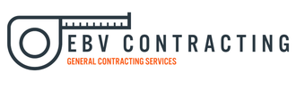 Logo of EBV Contracting featuring a tape measure icon and text "EBV CONTRACTING" and "GENERAL CONTRACTING SERVICES".