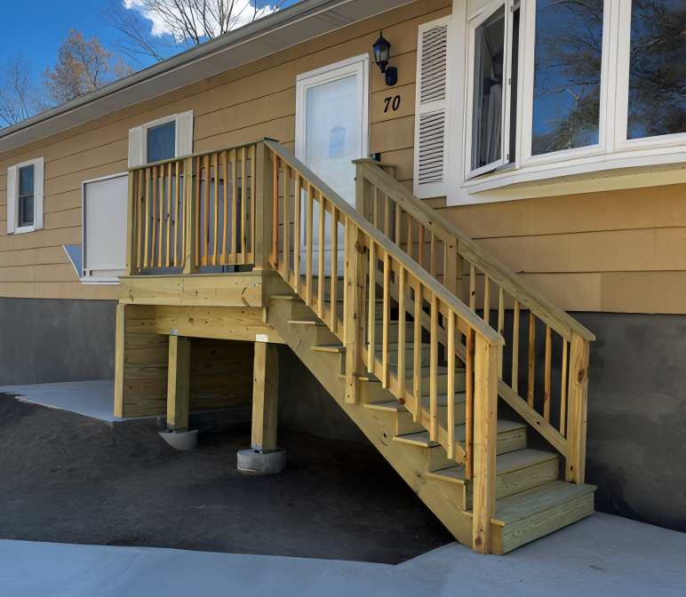 Wooden staircase and deck leading to the front door of a tan house with white trim.