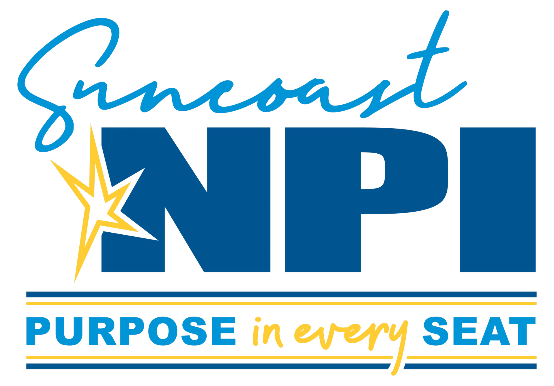 The suncoast npi logo is blue and yellow and says purpose in every seat.