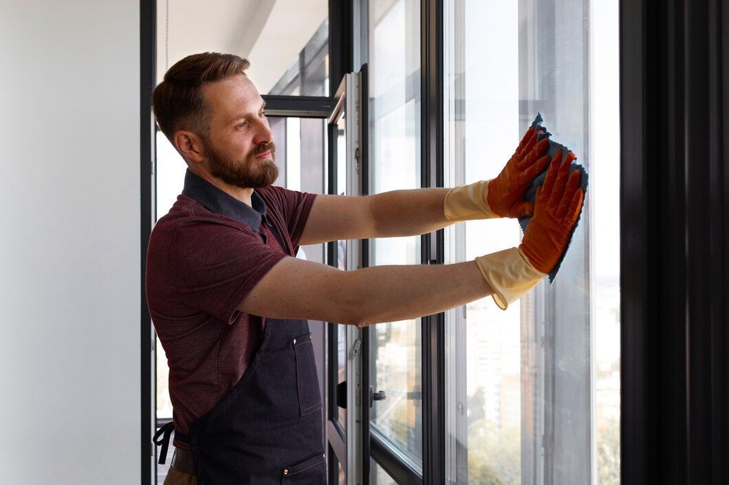 Man wearing gloves cleaning a window. He smiles while wiping the glass with both hands.