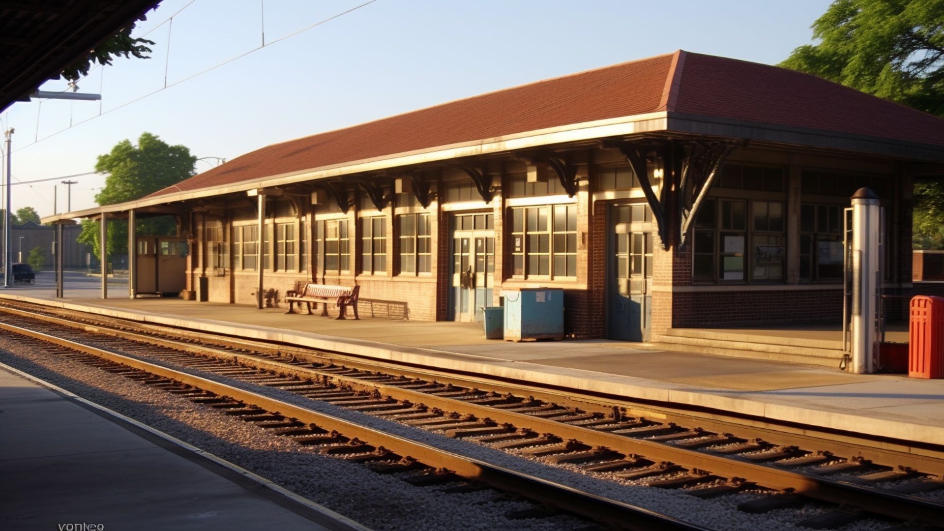 Train station platform with brick building and benches; tracks in foreground.