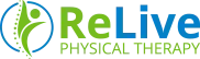 Logo for ReLive Physical Therapy, featuring text and a blue-circled graphic of a person, green and blue colors.