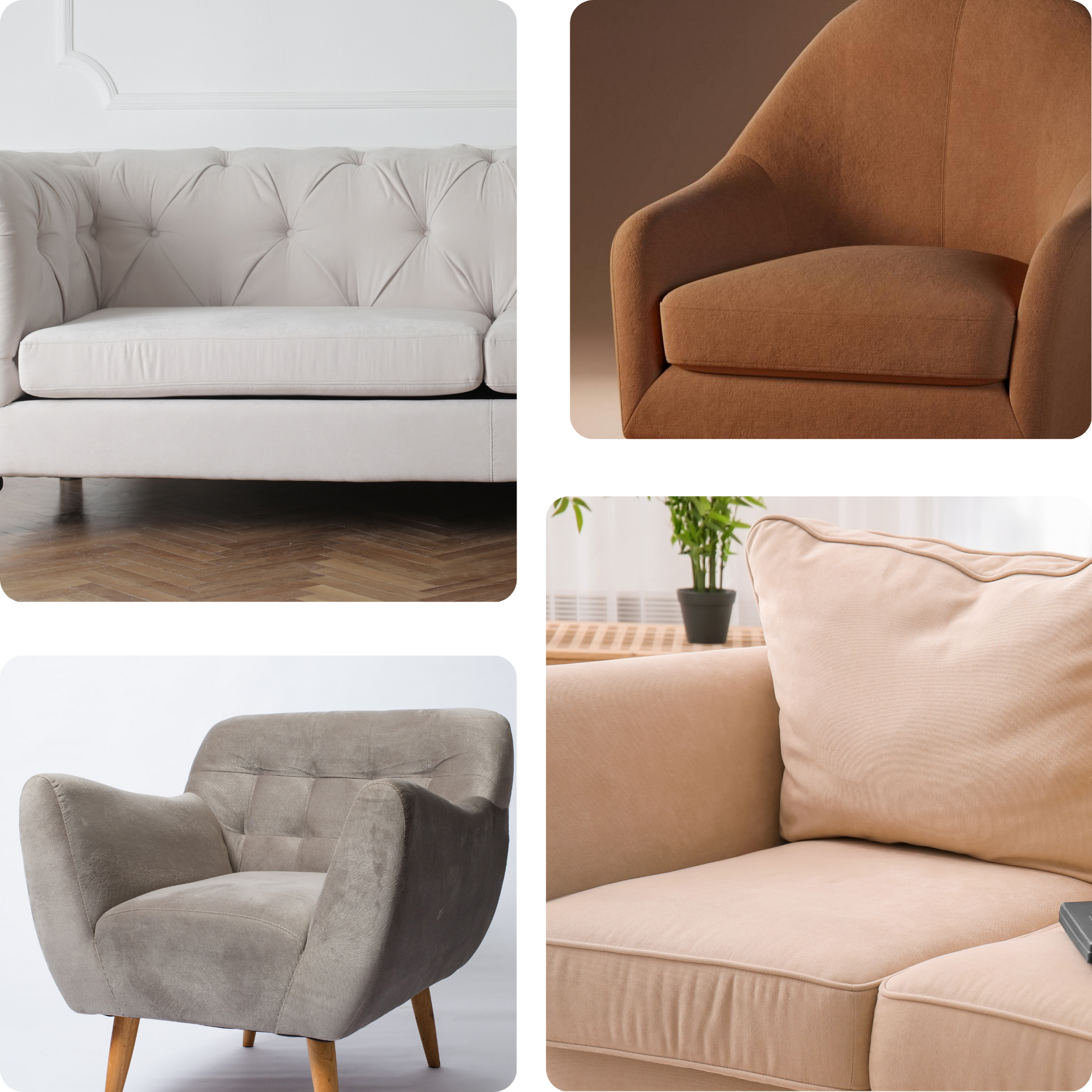 Eco Friend Carpet Clean - Four neutral-toned sofas: a button-tufted sofa, a curved armchair, and two more armchairs.