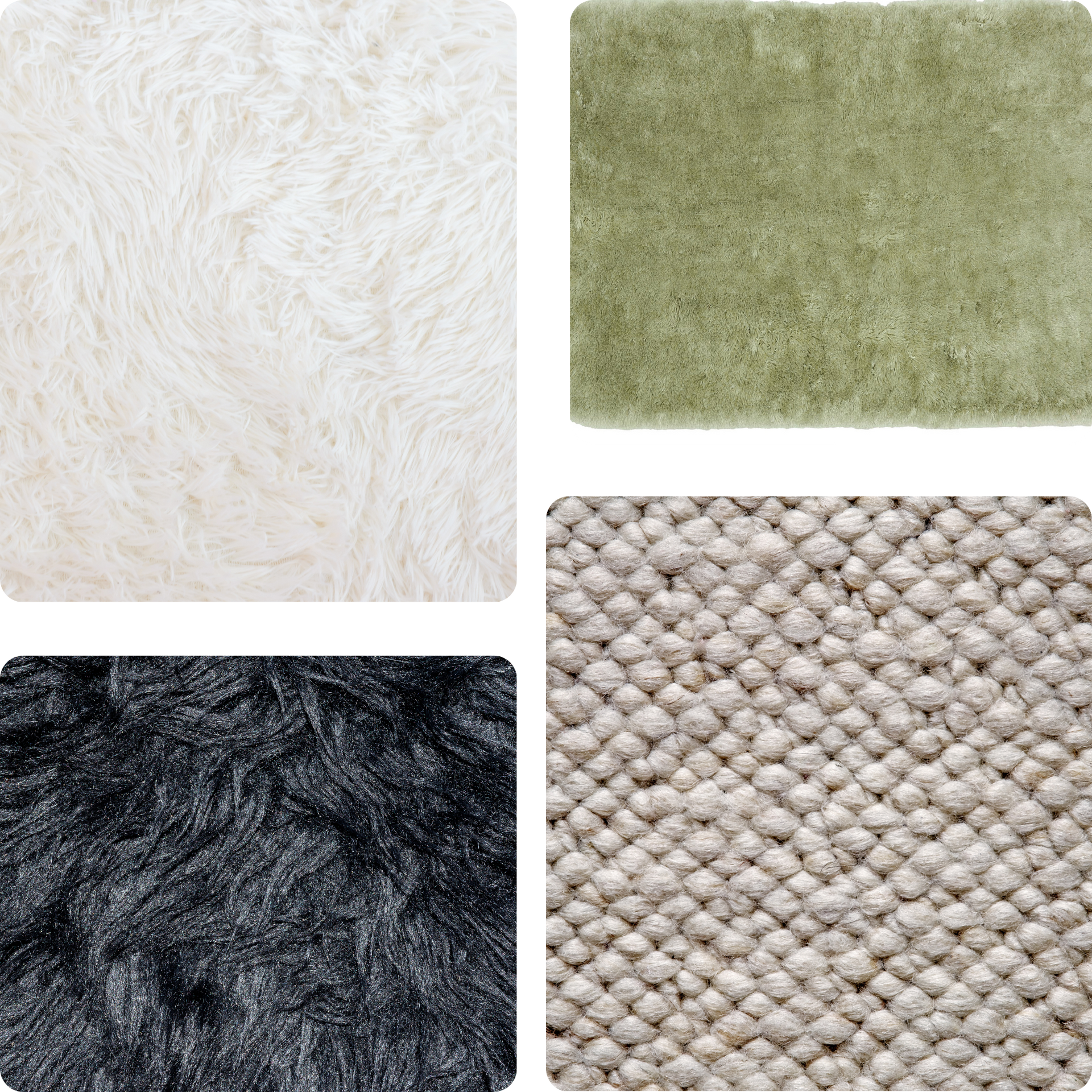 Eco Friend Carpet Clean - Four carpet samples: white, green, black, and beige with varying textures.