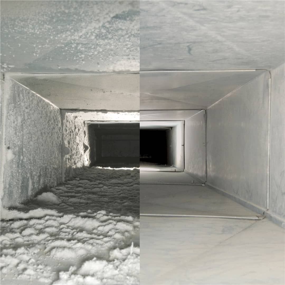 Eco Friend Carpet Clean - Comparison of an air duct before and after cleaning: left side dirty, right side clean.