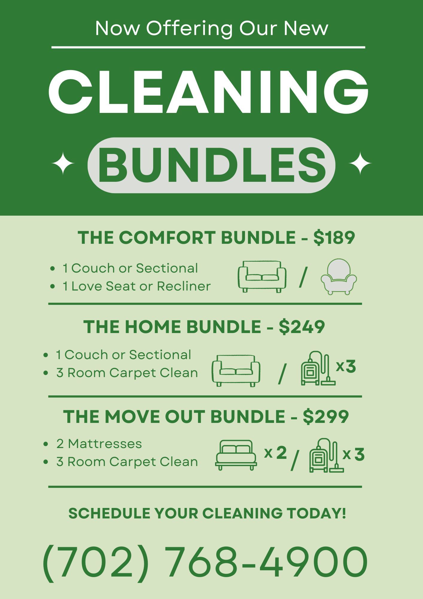 Green and cream cleaning bundle advertisement, featuring prices and services. Phone number included.