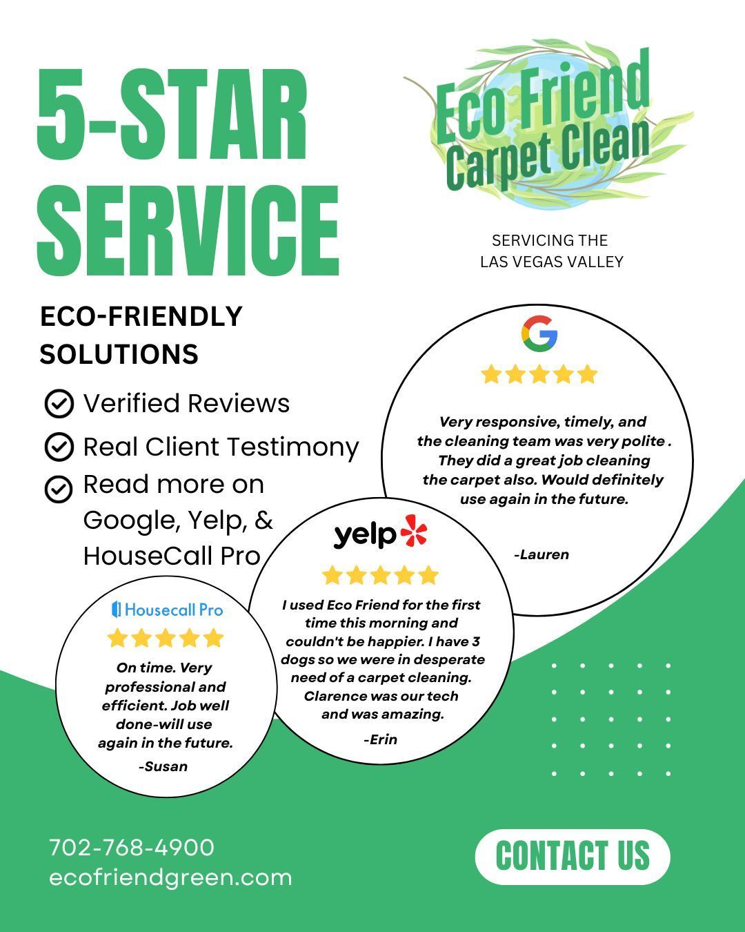 Advertisement for Eco Friend Carpet Clean; green and white with 5-star service, Google/Yelp reviews, and contact info.