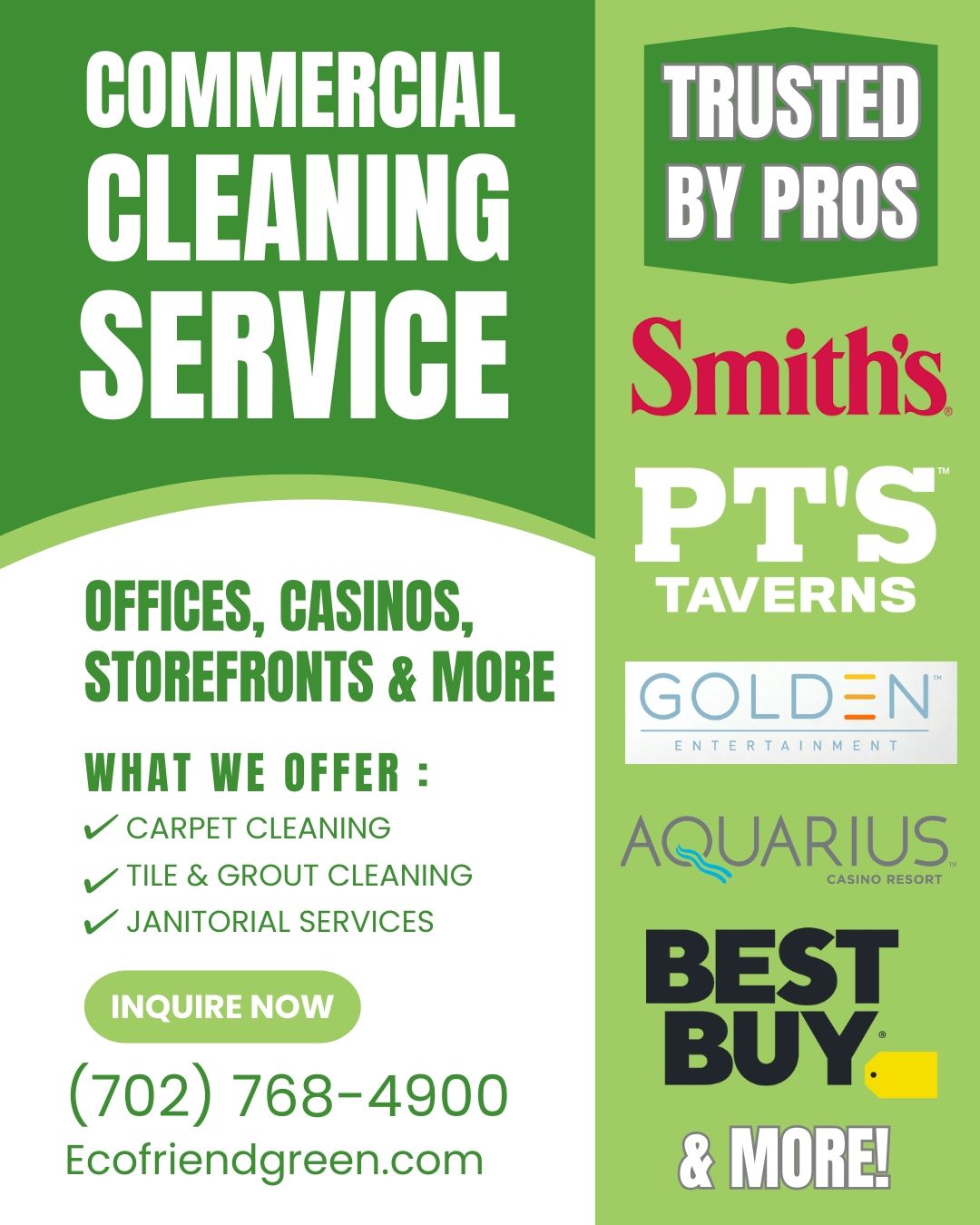 Green ad for a commercial cleaning service. Features text, logos, and contact information.