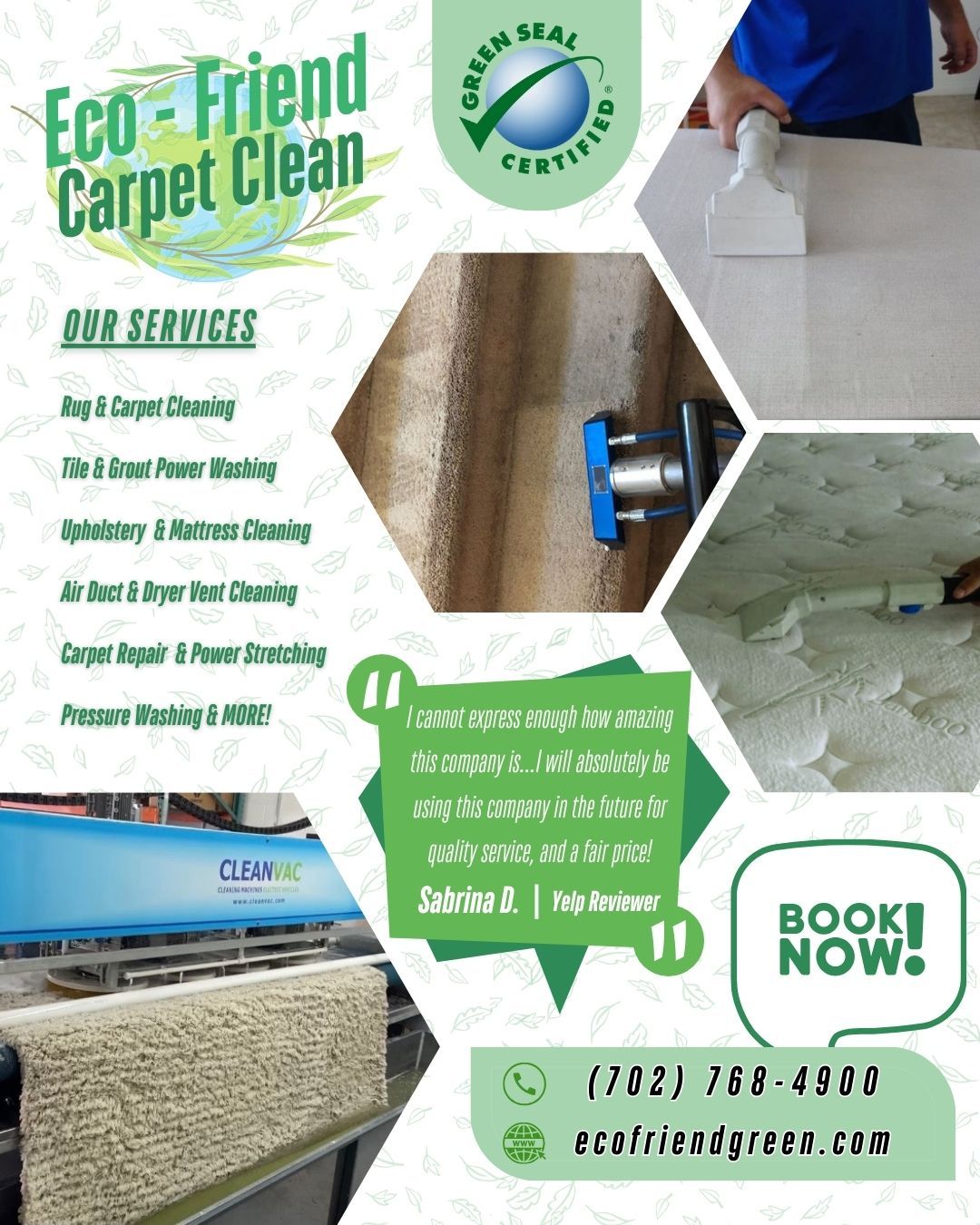 Eco-friendly carpet cleaning ad. Services include rug, upholstery, and stain removal. Phone number and website provided.