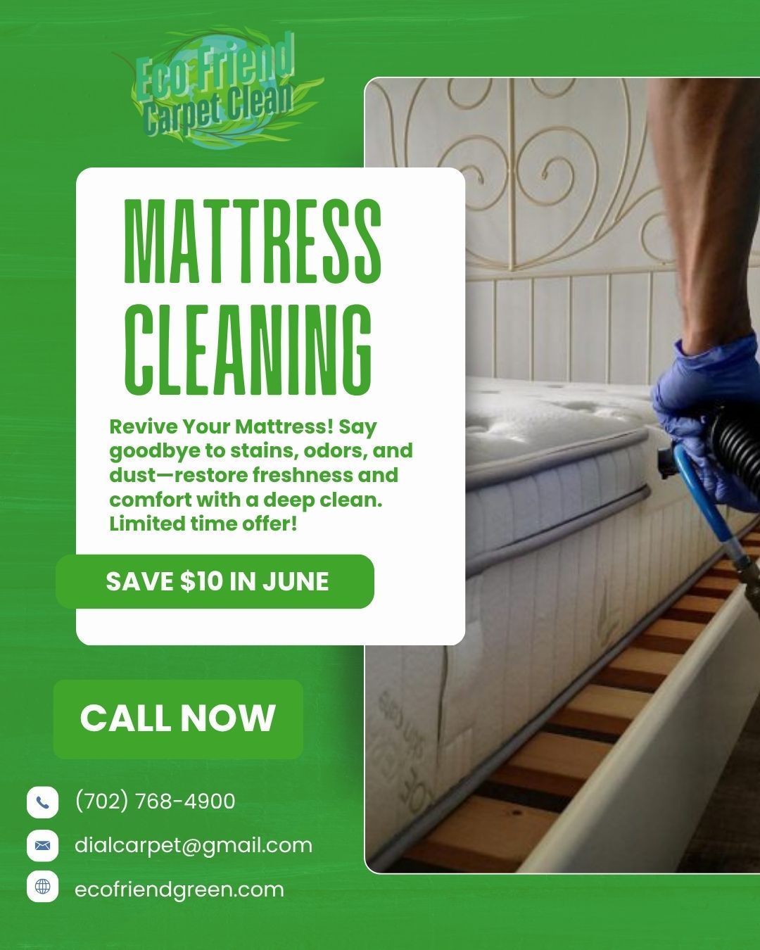 Ad for mattress cleaning, featuring a person cleaning a mattress, with text offering a $10 discount in June.