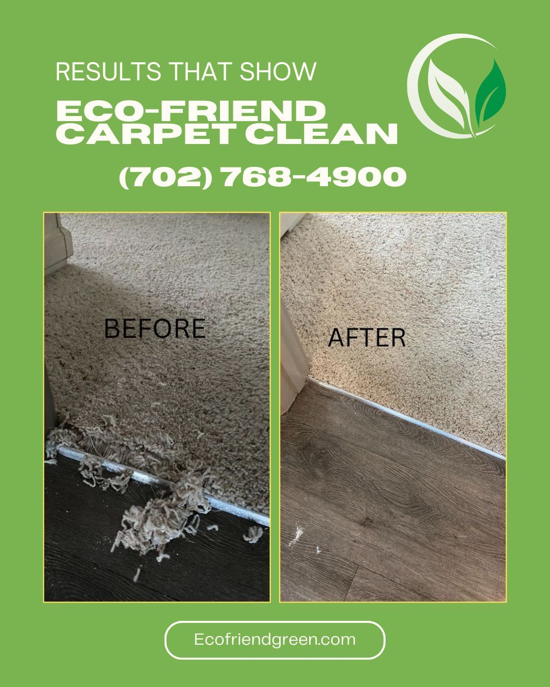 Before and after carpet cleaning. The dirty carpet is shown on the left. The clean carpet is shown on the right.