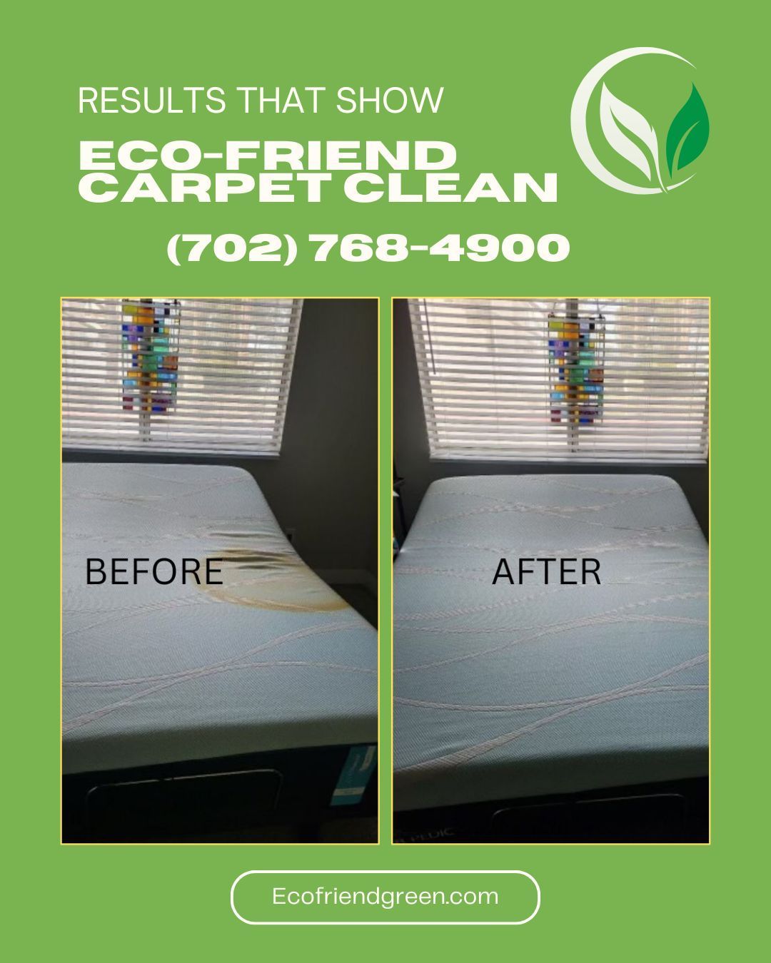 Before and after photos of a carpet cleaning. The cleaned carpet looks much lighter and stain-free. Contact info: (702) 768-4900.