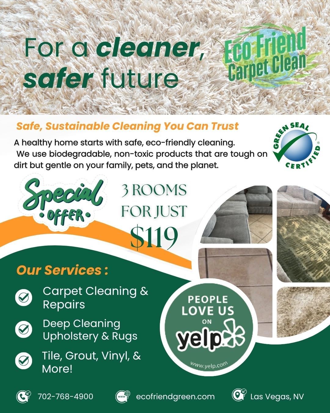 Advertisement for Eco Friend Carpet Clean: green and white design with an offer for 3 rooms for $119.