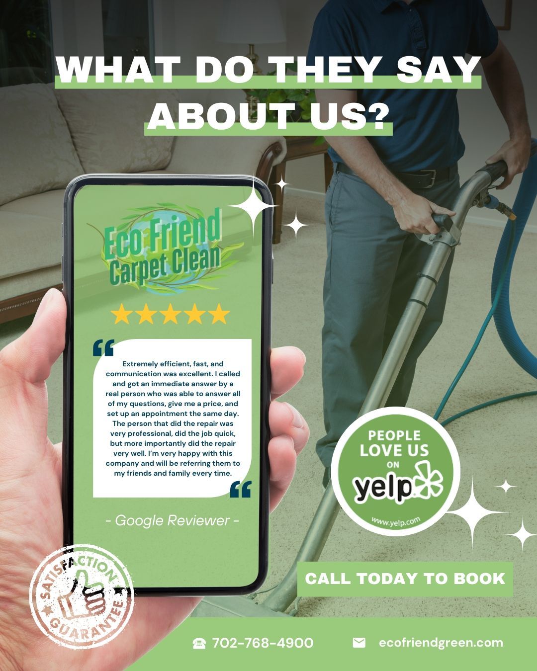Advertisement for Eco-Friend Carpet Clean. Shows a person cleaning carpet, a phone with reviews, and Yelp logo.