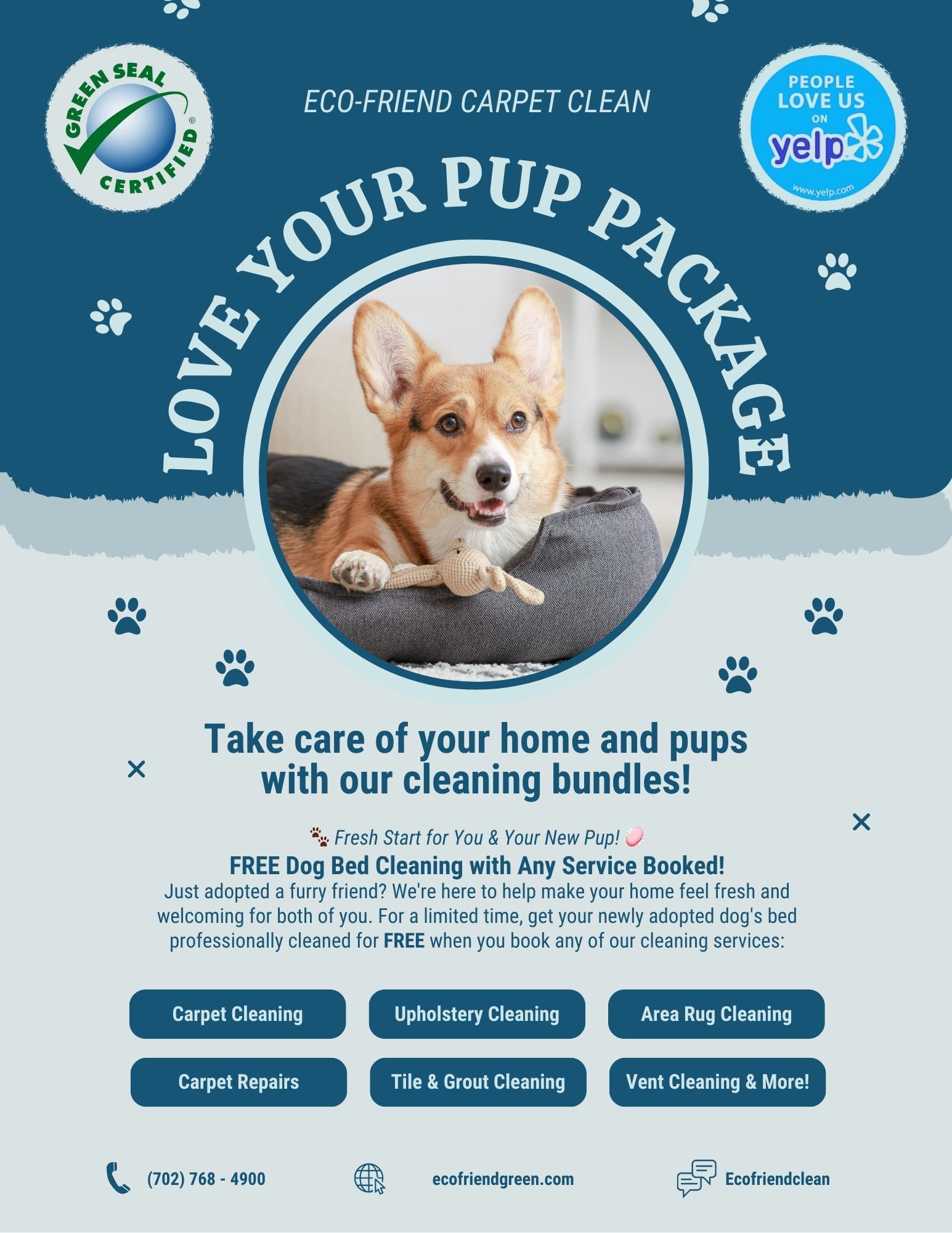 Advertisement: a dog in a bed, promoting carpet cleaning bundles. Blue background, with paw prints and logos.