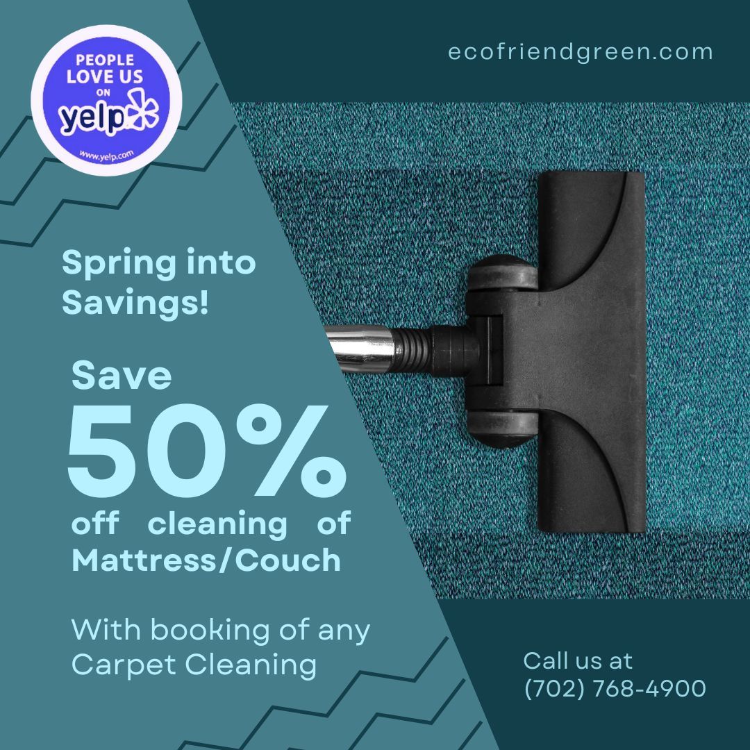 Advertisement: Eco-friendly cleaning service offering 50% off mattress/couch cleaning with carpet cleaning booking.