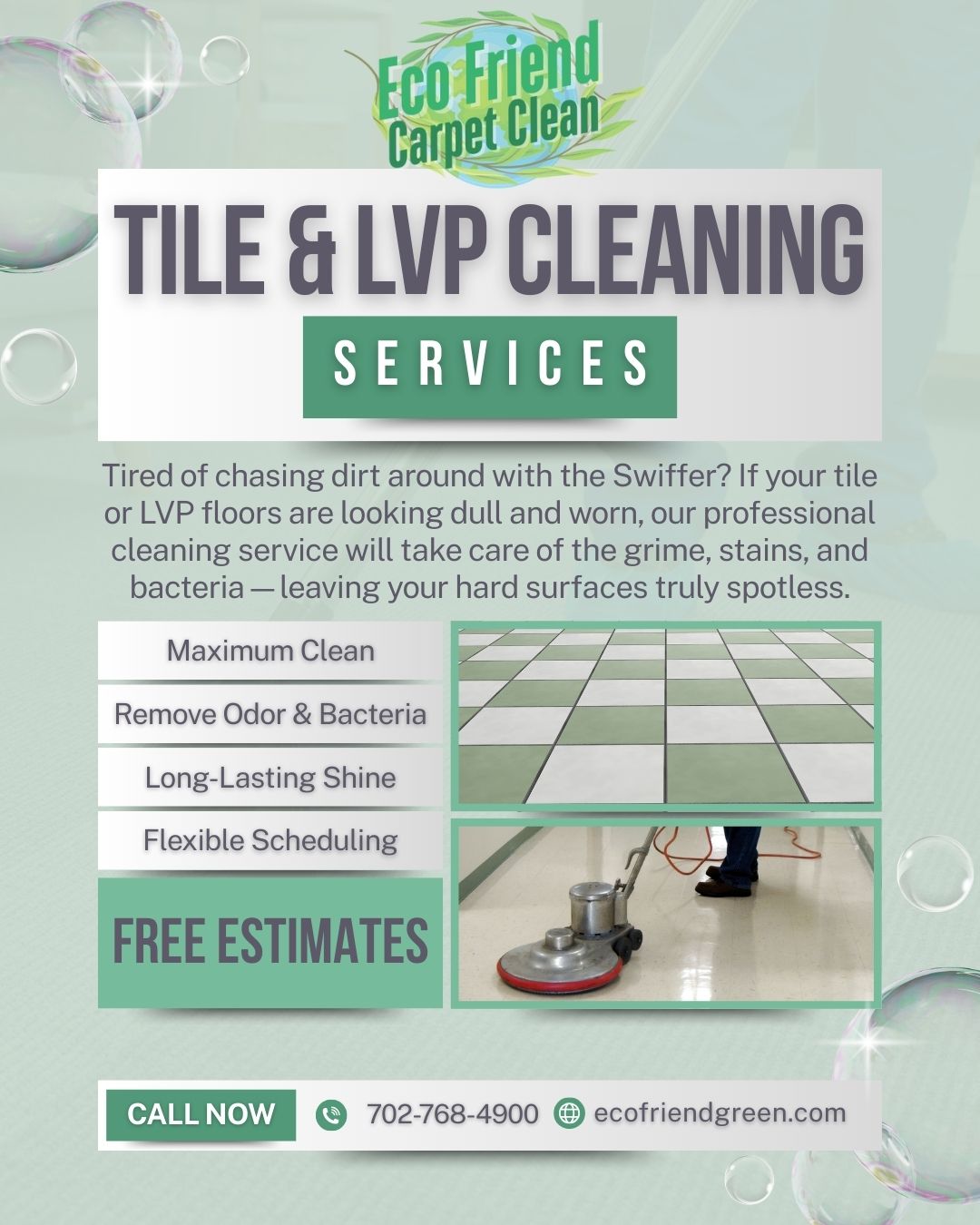 Flyer for tile and LVP cleaning services with green accents, shows floor cleaning equipment and a grid-patterned floor.