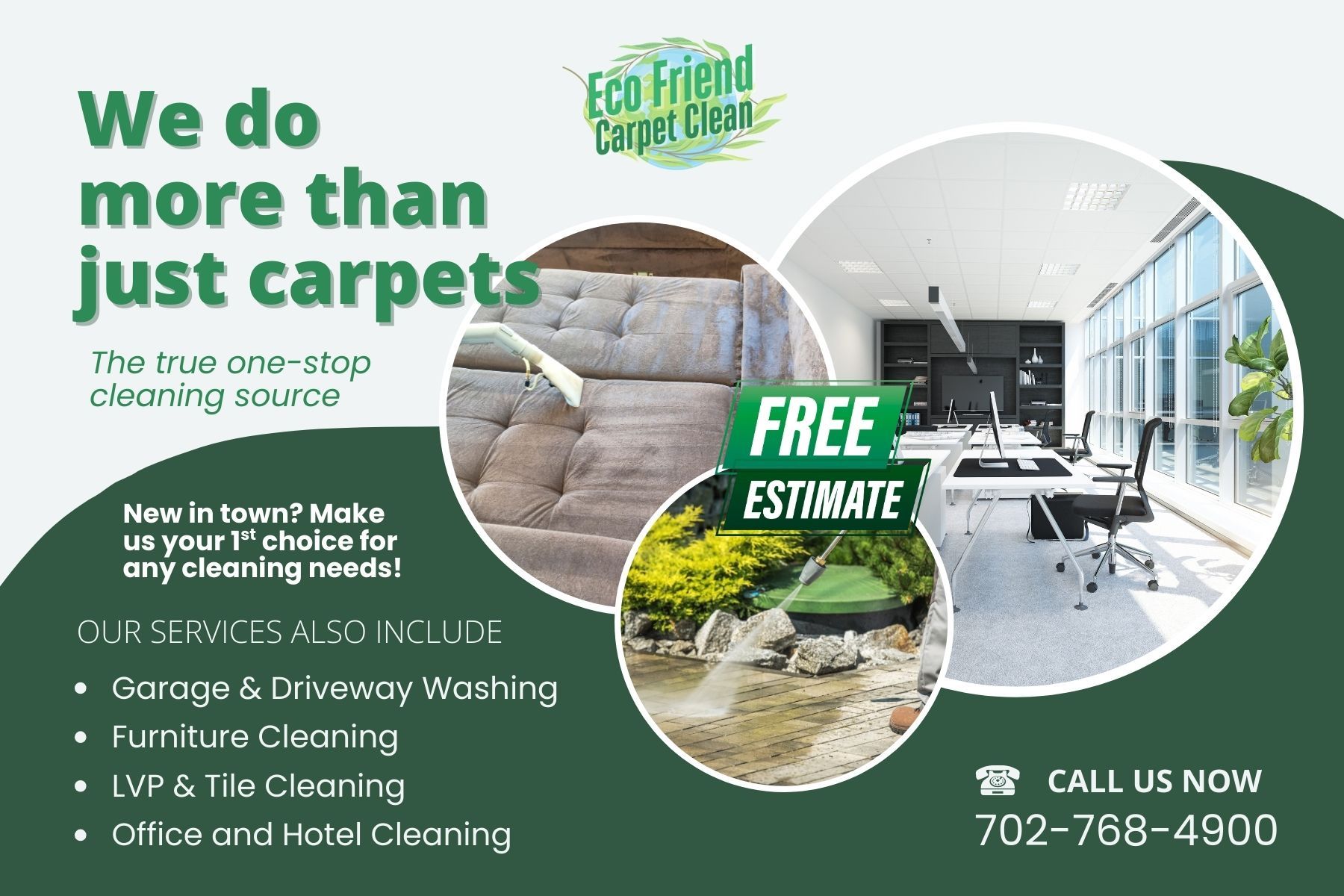 Advertisement for Eco Friend Carpet Clean: Offers cleaning services including carpets, garage, furniture, tile, and offices.
