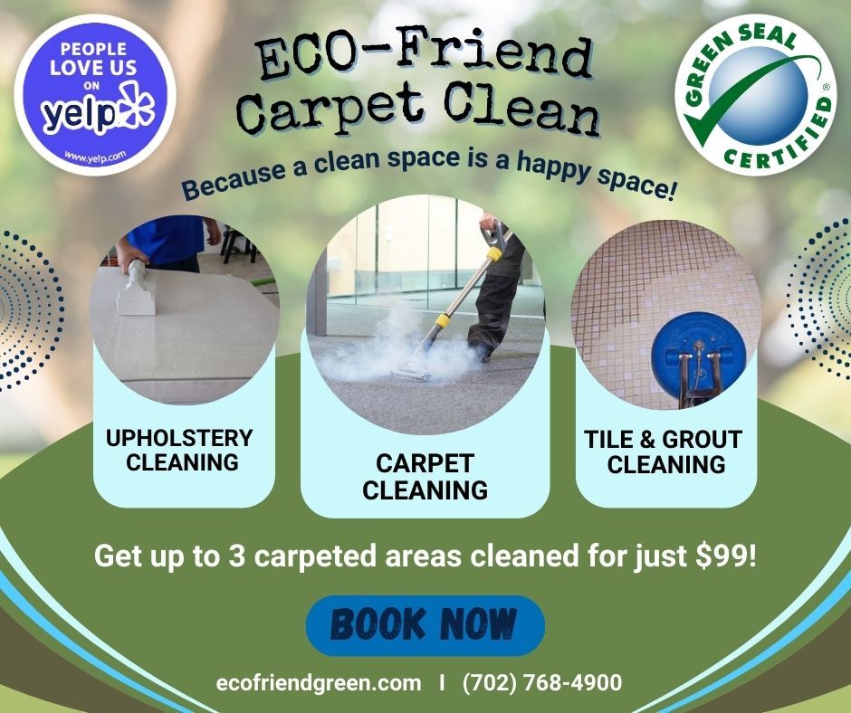Eco-friendly carpet cleaning ad: $99 for 3 areas. Services include upholstery, carpet, & tile cleaning. Green and blue design.