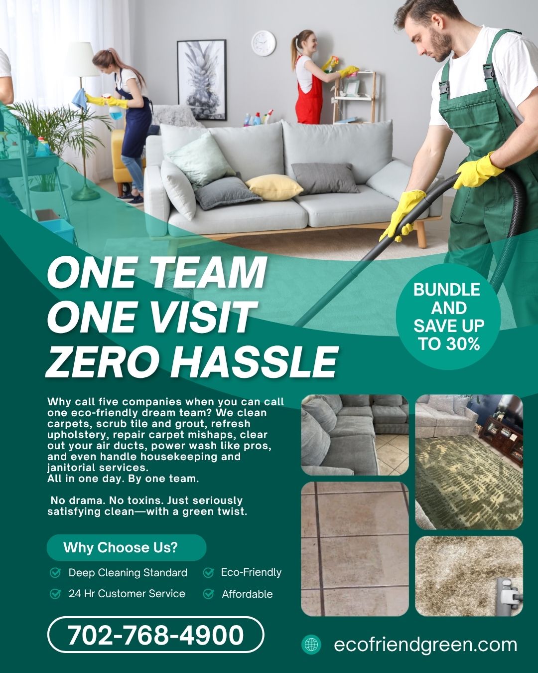Cleaning service ad with staff cleaning a living room, text: